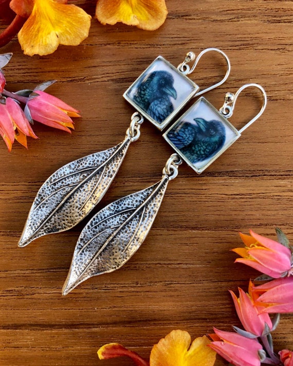 Crow Raven Jewelry||silver raven earrings||raven jewelry gift|raven illustrated jewelry|raven art|raven gift