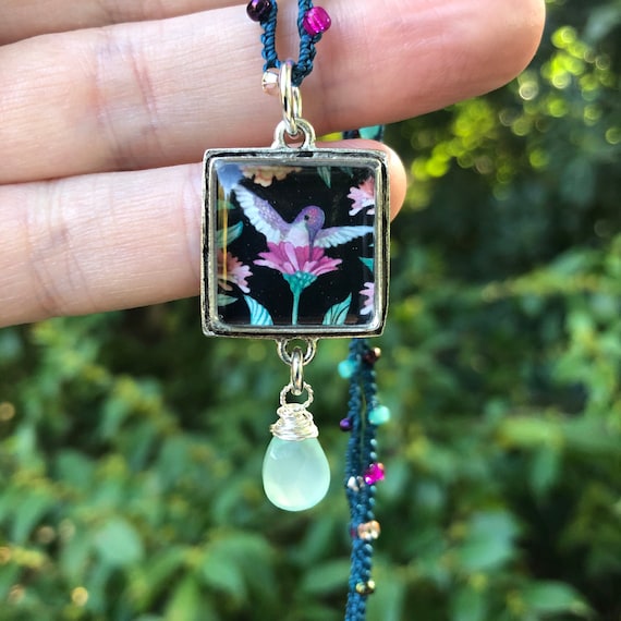 Silver Hummingbird Pendant with Chalcedony Quartz Dangle, colorful bird jewelry, Illustrated Zinnia Flower Necklace, Garden Jewelry Boho Lux