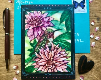 Hummingbird and Dahlia Greeting Card, stationary for gardener, nature card pack, greeting card assortment, bird cards, discount card bundle