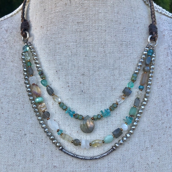 Multi Strand Gemstone Silver necklace, boho beaded leather necklace, unique boho southwest necklace, handmade jewelry gift for her