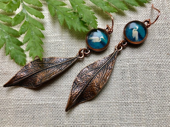 Copper Crane and Leaf Dangle Earrings|Handmade Bird Jewelry|Egret|White Crane Gift For Her