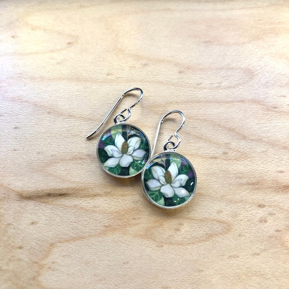 Silver Magnolia Flower Dangle Earrings-White Flower Jewelry-Earthy Boho Jewelry-wife jewelry gift-nature earrings-Silver Flower Earrings