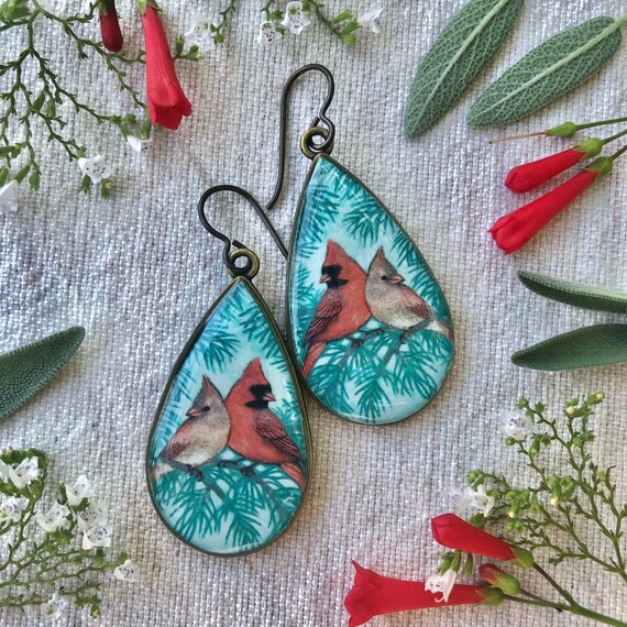 Cardinal Earrings Dangle, Handmade Cardinal Jewelry, Cardinal Gift, Painted Cardinal Pair, Unique Statement Earring, Cardinal Christmas Gift