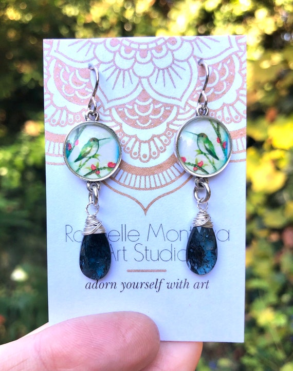 Silver Hummingbird Earrings with Moss Kyanite gemstone dangles-Earthy Boho Earrings for wife-nature jewelry gift-Nature Jewelry for Women
