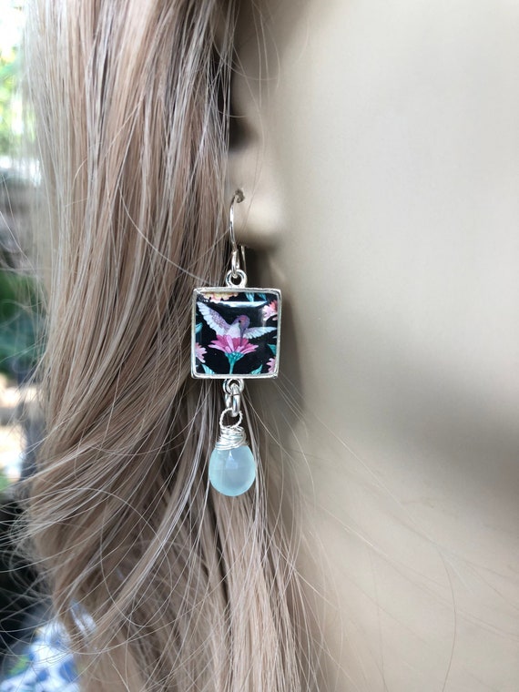 Silver Hummingbird Earrings|Chalcedony Quartz Dangles|Bird Jewelry|Illustrated Zinnia Flower Earrings|Garden Lover Idea|Orinthology|Boho Lux