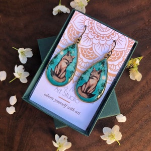 Handmade Fox Dangle Earrings: Archival Art Print, Hypoallergenic