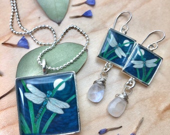 Dragonfly Art Resin Earrings with Moonstone Gemstone Dangles,Nature Jewelry for Women, California Darner Unique Earring and Necklace set