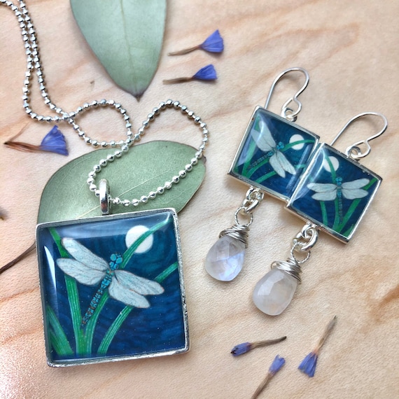 Dragonfly Art Resin Earrings with Moonstone Gemstone Dangles,Nature Jewelry for Women, California Darner Unique Earring and Necklace set