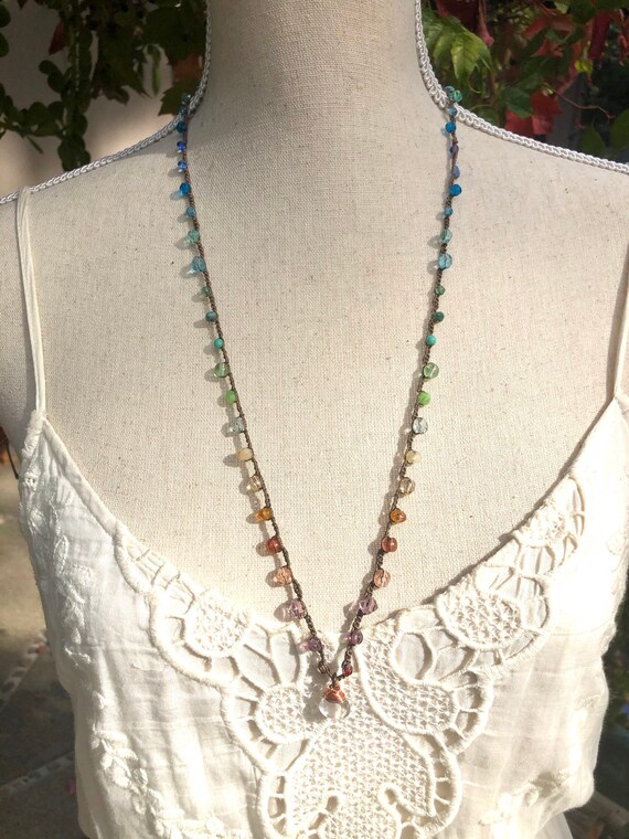 Colorful Czech Glass Beaded Crochet Necklace With Quartz Gemstone|Boho Jewelry|wife jewelry gift idea|colorful wrap bracelet for her