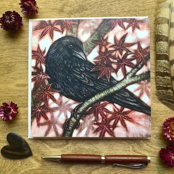 Crow and Japanese Maple Square Greeting Card, mix and match card bundle, 15 art designs, nature greeting card assortment, quantity discount