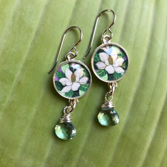 Silver Magnolia Flower Dangle Earrings-Magnolia with Aqua Hydro Quartz-Jewelry-Earthy Boho Nature Jewelry-wife jewelry gift-nature earrings