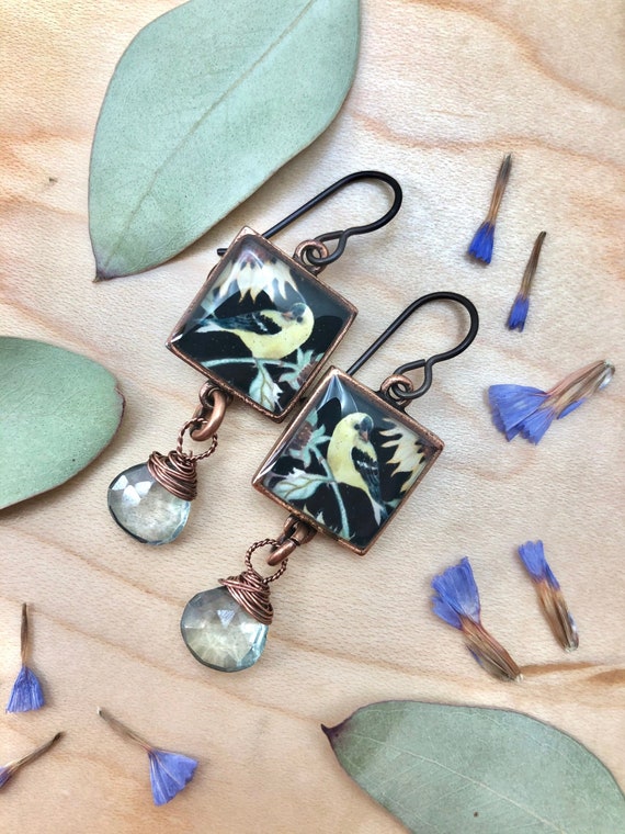 Copper Sunflower Goldfinch Earrings, Teal Quartz Dangles, Goldfinch Jewelry, Illustrated Sunflower Earrings, Garden Nature Bird Jewelry