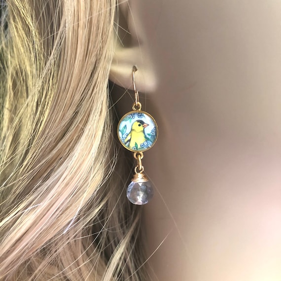 Gold Bird Dangle Earrings-Goldfinch with Mystic Blue Crystal Gemstones-Jewelry-Earthy Boho Nature Jewelry-wife jewelry gift-forest earrings