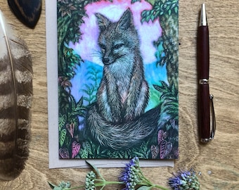 Fox Card, cottage core art, Gray Fox Art, nature stationary, original fox art, woodland animal, fox for her, realistic fox, forest core art