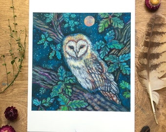 Barn Owl, Owl Archival Print, Owl Wall Decor, Owl and Oak Tree, Cottagecore, woodsy, Forest decor, original owl painting, naturalist gift