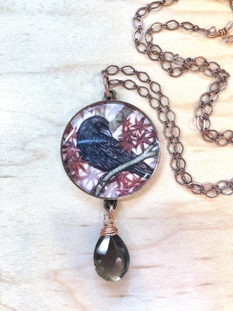 Copper Crow Pendant With Smoky Quartz Gemstone Danglecrow Etsy
