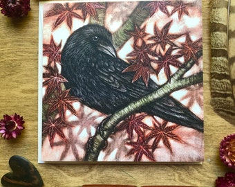 Crow and Japanese Maple Square Greeting Card, mix and match card bundle, 15 art designs, nature greeting card assortment, quantity discount