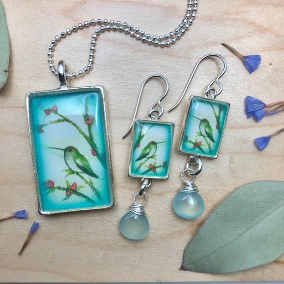 Hummingbird Necklace, handmade hummingbird jewerly, statement jewelry set, unique jewelry, nature jewelry, aqua chalcedony gemstone dangles