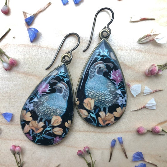 California Quail Earrings, California Poppy Art, Wildflower Jewelry, Colorful Teardrop Dangles, Nature Girlfriend, California Gift for Her