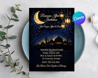 May include: A digital invitation for a Ramzan Iftar event. The design features a crescent moon, stars, and a silhouette of a mosque. The text includes event details and the Canva logo.
