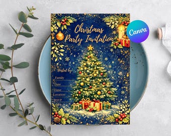Watercolor Christmas Party Invitation Template, Elegant Holiday Invite, Gold Blue Christmas Invitation, Editable Printable, Canva.