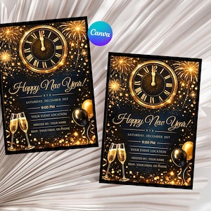 May include: Two New Year's Eve party invitations with a black background, gold accents, and a clock design. The invitations include the text "Happy New Year!" and event details. Champagne glasses and balloons are also featured.