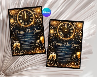 May include: Two New Year's Eve party invitations with a black background, gold accents, and a clock design. The invitations include the text "Happy New Year!" and event details. Champagne glasses and balloons are also featured.