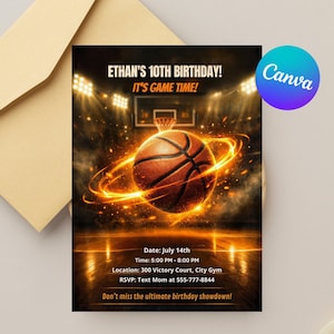 Può includere: Invito di compleanno a tema basket con una grafica di palla da basket infuocata. L'invito include il testo "Ethan's 10th Birthday! It's Game Time!" e i dettagli dell'evento. Il design presenta uno sfondo di campo da basket e un logo Canva.