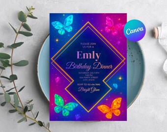 Luxury Glam Birthday Invite, Colorful Diamond Dinner Party Invitation, Editable Canva Template, Digital Printable Evite