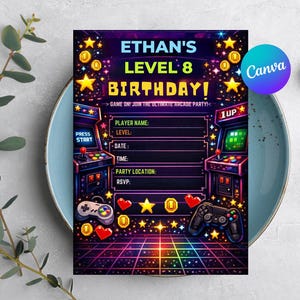 May include: A vibrant birthday invitation with a retro arcade game theme. The design features pixelated graphics, stars, coins, and game controllers. Text includes "Ethan's Level 8 Birthday!" and fill-in-the-blank fields for party details.