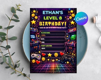 Arcade Birthday Invitation | Retro Video Game Party Invite | Neon Gamer Template | Pixel Art Level Up Birthday | Editable Digital Download