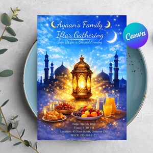 Ramadan iftar-uitnodigingssjabloon, elegante moskee uitnodigen, bewerkbare iftar-feestuitnodiging, islamitische Ramadan-uitnodiging, halve maan-moskee