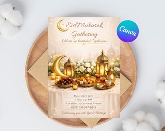 Szablon zaproszenia na Eid Mubarak, edytowalne zaproszenie na spotkanie Eid 5x7, elegancka złota latarnia islamska do druku, natychmiastowe pobranie