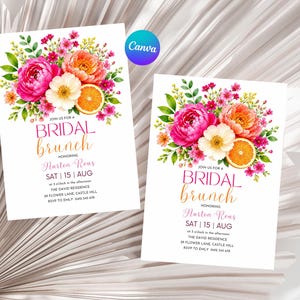 Könnte beinhalten: Zwei weiße Einladungskarten mit floralen Arrangements aus rosa, orangefarbenen und weißen Blumen und Orangenscheiben. Der Text lautet "BRIDAL brunch" und Veranstaltungsdetails. Ein Canva-Logo befindet sich in der Ecke.