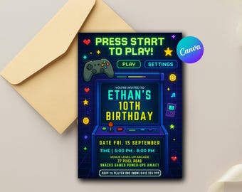 May include: A birthday invitation with a retro arcade game theme. The invitation features the text "Press Start to Play!" and "Ethan's 10th Birthday." The design includes a game controller, stars, hearts, and a retro arcade machine graphic. An envelope is in the background.