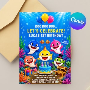 Invitación de cumpleaños de Baby Shark / Invitación para fiesta bajo el mar / Plantilla de invitación de Baby Shark / Descarga digital.