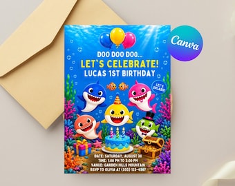 Invitación de cumpleaños de Baby Shark / Invitación para fiesta bajo el mar / Plantilla de invitación de Baby Shark / Descarga digital.