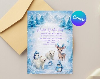 Winter ONEderland Birthday Invitation, Snow Theme First Birthday Invite, Editable Canva Template, Winter Wonderland Party Invite