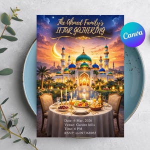 Ramadan Iftar-uitnodigingssjabloon, elegante Ramzan Iftar-feestuitnodiging, islamitische lantaarnmoskee zonsondergang uitnodigen, bewerkbare afdrukbare 5 x 7 digitaal