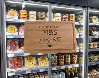 Off my tits on M&S picky bits, Christmas gag gift, Funny viral slogan charcuterie board