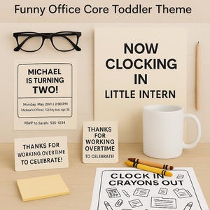 May include: A birthday party kit with a funny office core toddler theme. Includes a white mug, black glasses, crayons, and cards with text like "Michael is turning two!" and "Now Clocking In Little Intern."