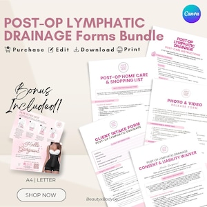 May include: A bundle of post-op lymphatic drainage forms, including home care instructions, a client intake form, and a consent waiver. The forms are in pink and white, with the text "Post-Op Lymphatic Drainage Forms Bundle" at the top. Includes a bonus guide.