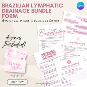 Könnte beinhalten: Ein Bündel rosa und weißer brasilianischer Lymphdrainage-Formulare, darunter ein Kundenaufnahmeformular, eine Foto-Freigabe und FAQs. Das Bündel enthält auch eine Kundenkarte und eine Stornierungsrichtlinie. Der Text enthält "Kaufen, Bearbeiten, Herunterladen, Drucken".