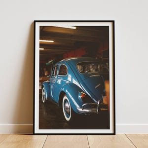 Volkswagen Beetle Digital Poster, Retro Car Print, Blue Beetle Wall Art