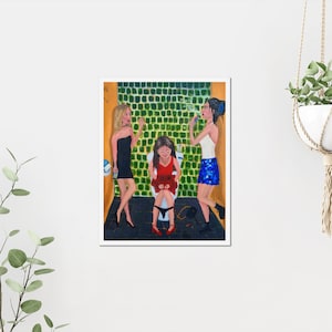 May include: An artistic painting depicts three women in a bathroom setting. One woman is seated on a toilet, while the other two stand nearby. The women are dressed in various outfits, including a black dress, a red dress, and a white top with a blue skirt.