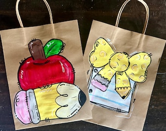 Hand-Painted Teacher Gift Bags – Apple & Pencil Bow Designs, Back-to-School or Teacher Appreciation