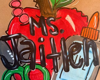 Personalized Hand-Painted Teacher Gift Bag – Apple, School Supplies & Worm Design