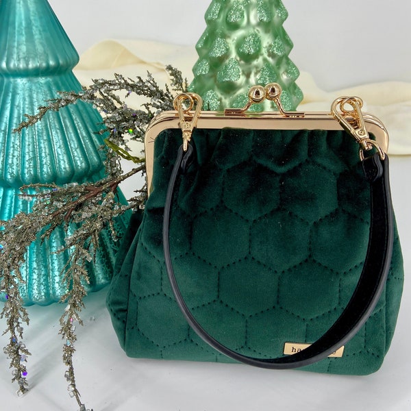 READY TO SHIP Quilted Fir Green velvet kiss clasp bag w 2 handles