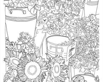 Página para colorear de un cubo de flores del mercado de agricultores / Descarga digital imprimible / Arte floral lineal para adultos y adolescentes / Alivio del estrés relajante