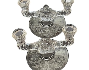 Vintage New Martinsville Double Candleholders – Etched Glass